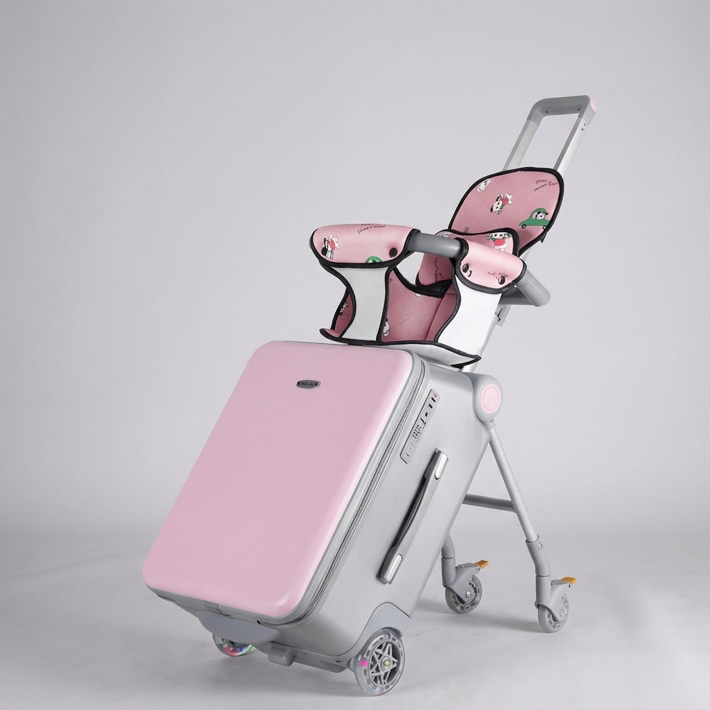 Multifunctionele kinderreiskoffer met zitje en wielen, perfecte kinderbagage voor op vakantie.