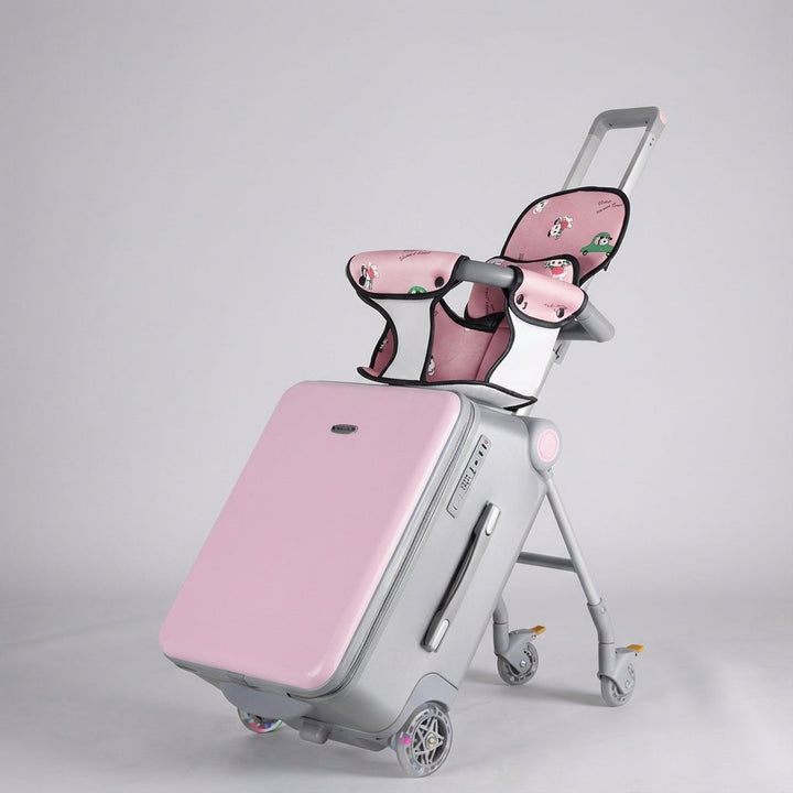 Multifunctionele kinderreiskoffer met zitje en wielen, perfecte kinderbagage voor op vakantie.