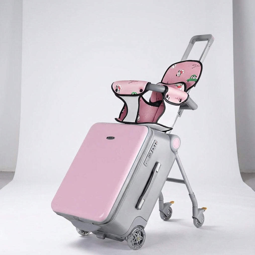 Praktische kinderbagage met zitje en wielen, perfect voor lange wandelingen op vliegvelden.