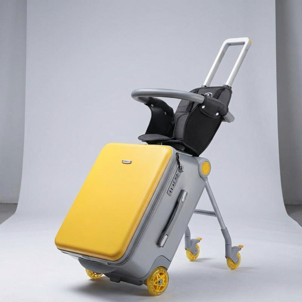 Kleurrijke kinderkoffer RideBuddy met zitje en wielen, de ultieme reisaccessoire voor families.