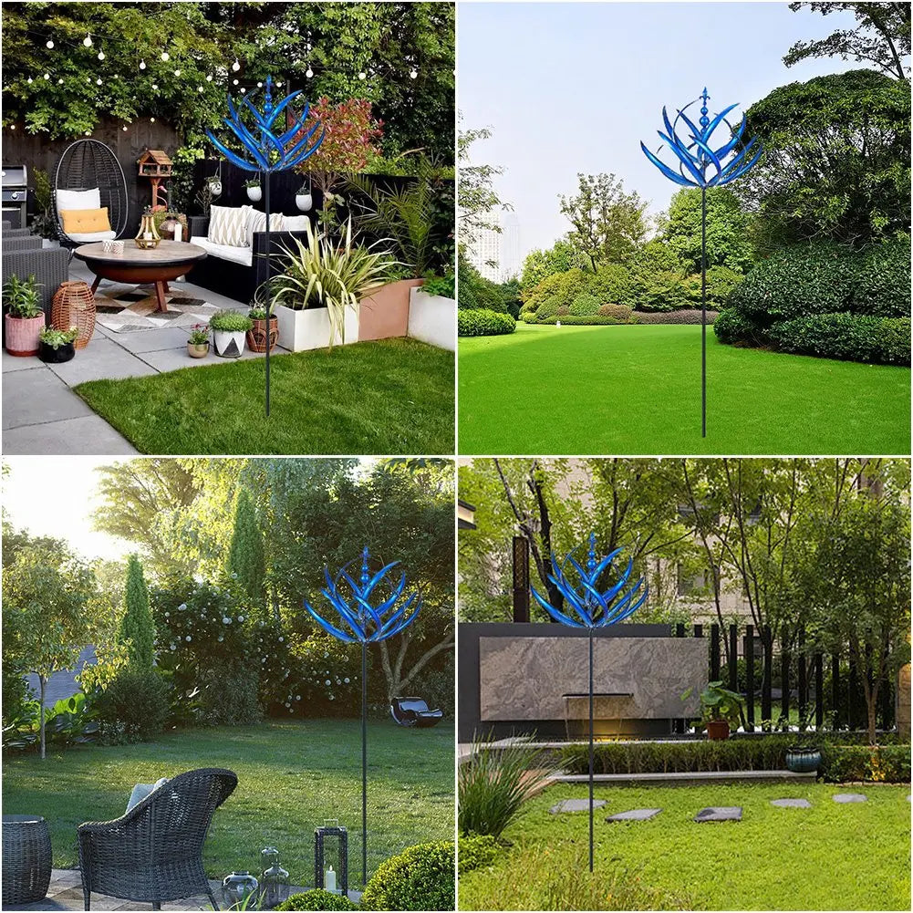 Decoratieve metalen windspinner voor de tuin in levendig blauw en rood, perfect voor buitenleven.