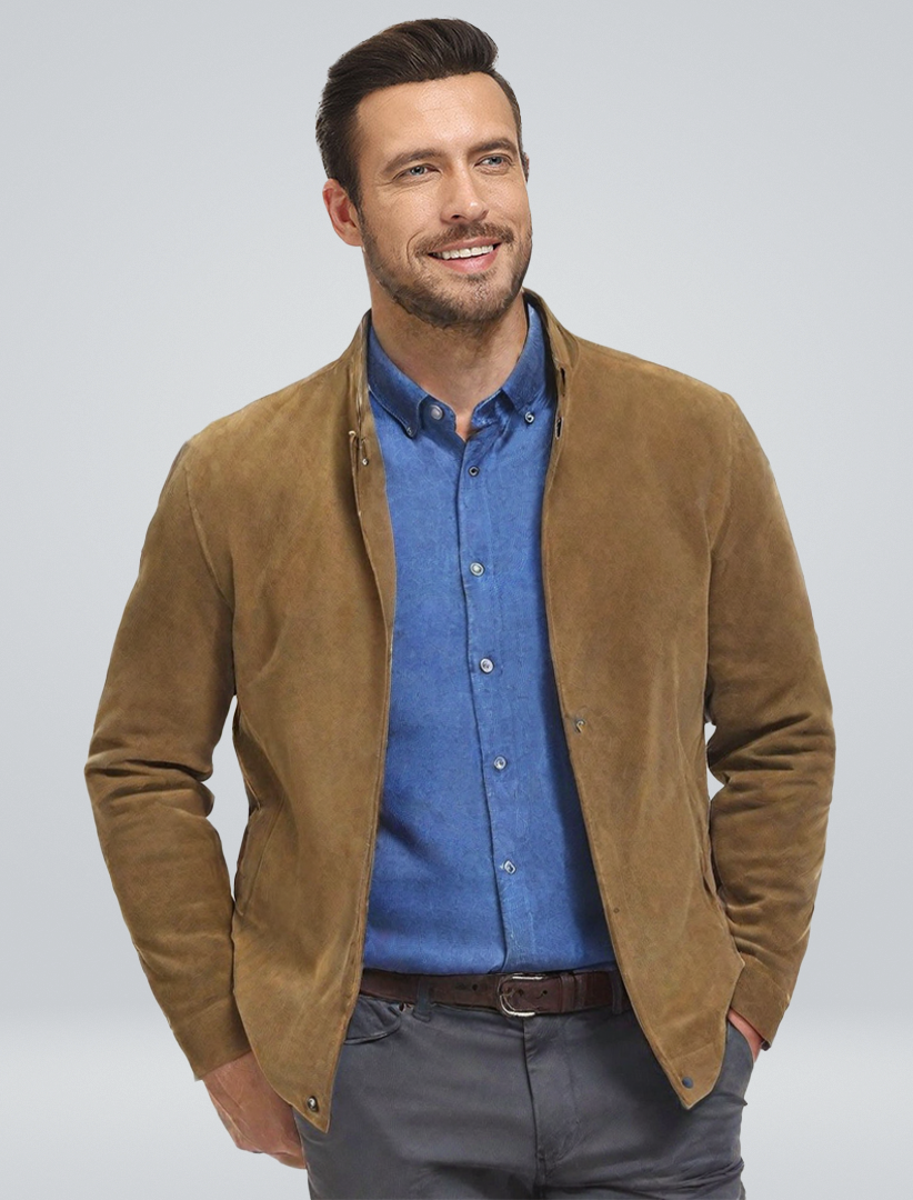 Heren Klassieke Suède Jas in marine, elegant gesneden, modern en comfortabel, hoge kwaliteit afwerking