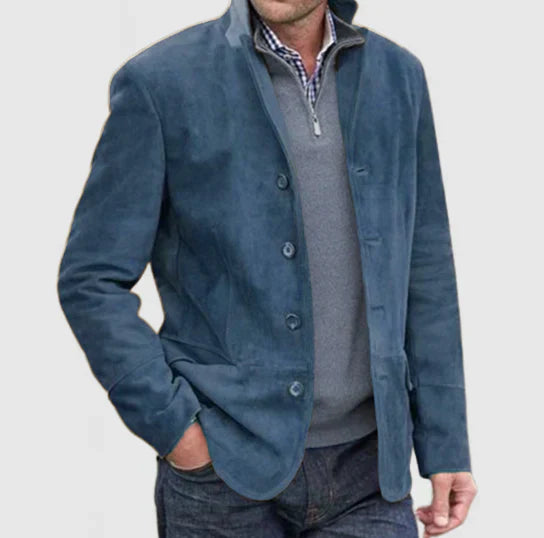 Heren Klassieke Suède Jas in marine, elegant gesneden, modern en comfortabel, hoge kwaliteit afwerking