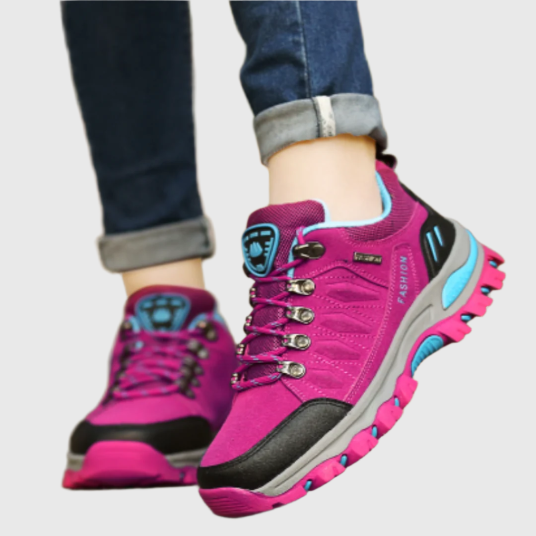 Klassieke orthopedische damesschoenen met antislipzool, ideaal voor wandelen, verkrijgbaar in de kleuren grijs, paars, rozerood en zwart.