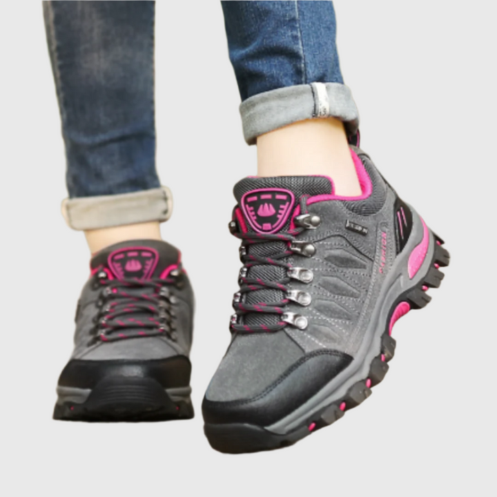 Klassieke orthopedische damesschoenen met antislipzool, ideaal voor wandelen, verkrijgbaar in de kleuren grijs, paars, rozerood en zwart.