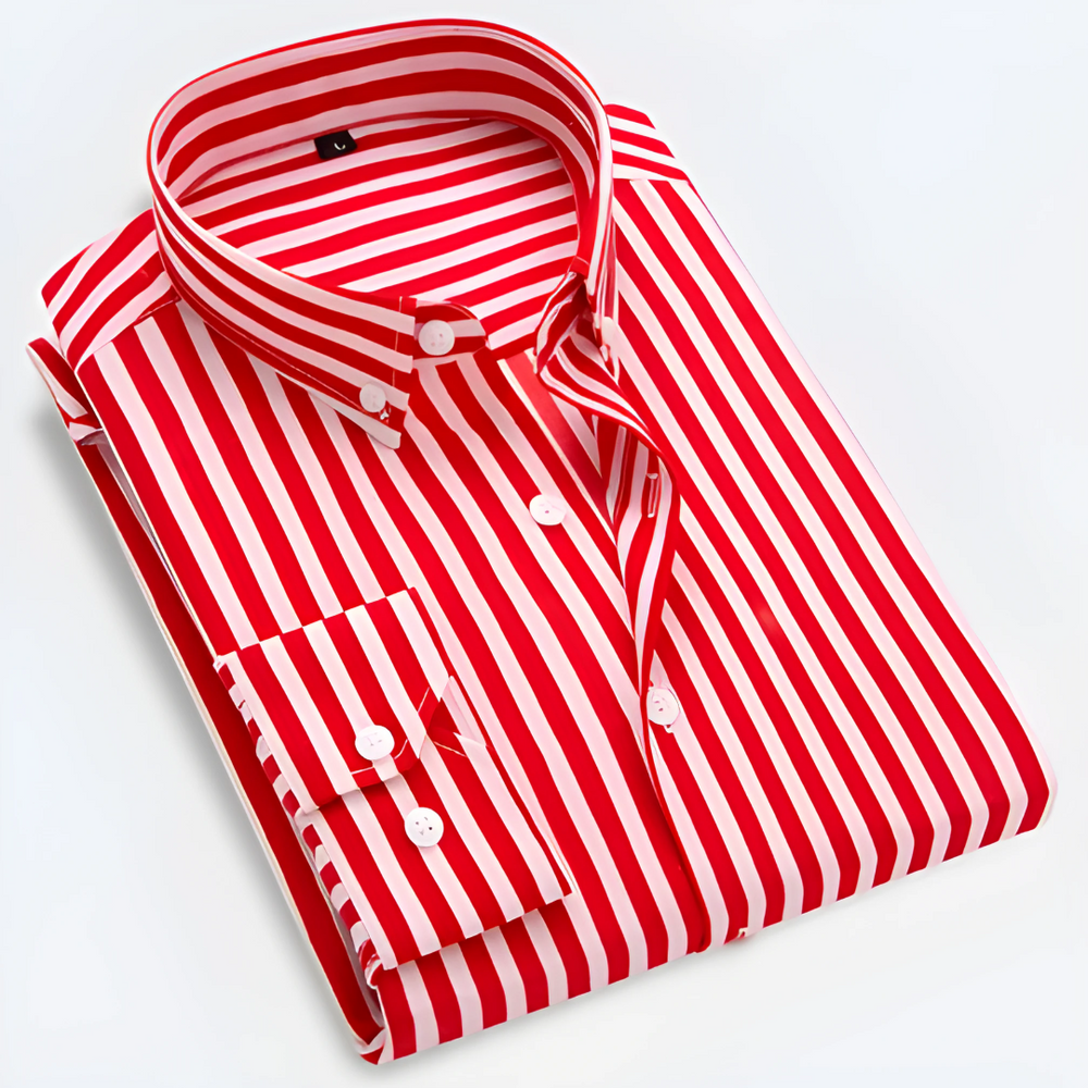 Rood gestreept herenoverhemd met lange mouwen en button-down kraag, perfect voor elke gelegenheid.