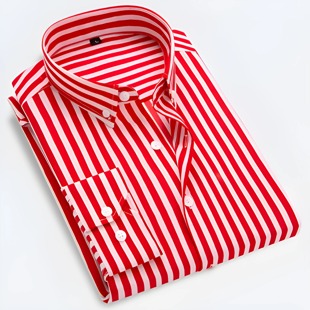 Rood gestreept herenoverhemd met lange mouwen en button-down kraag, perfect voor elke gelegenheid.