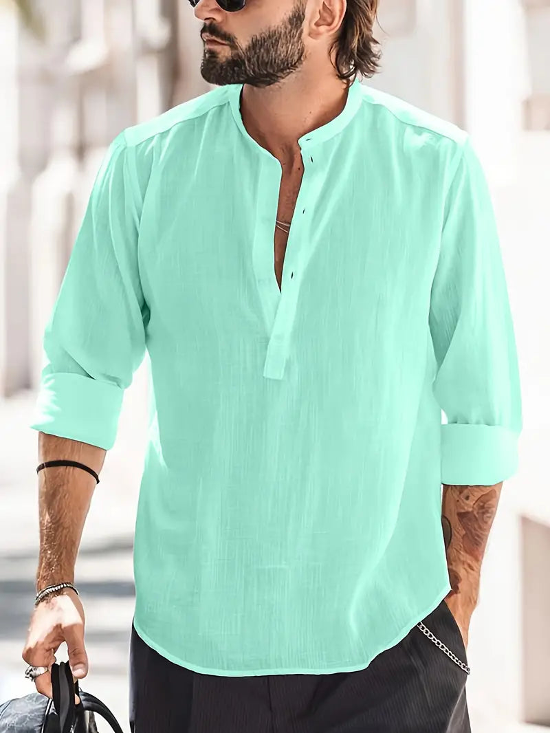 Klassiek heren linnen overhemd in effen kleur, ademende stof, mouwen met vintage knopen, ideaal voor een casual look.