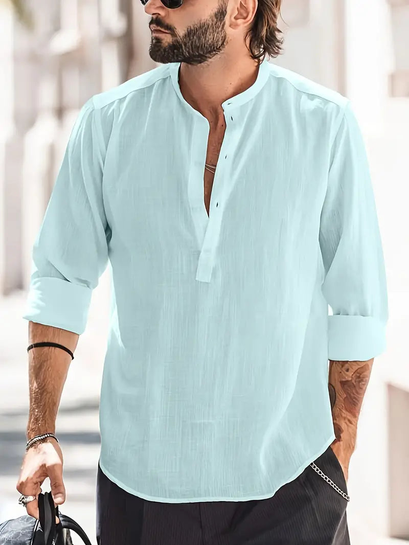 Klassiek heren linnen overhemd in effen kleur, ademende stof, mouwen met vintage knopen, ideaal voor een casual look.