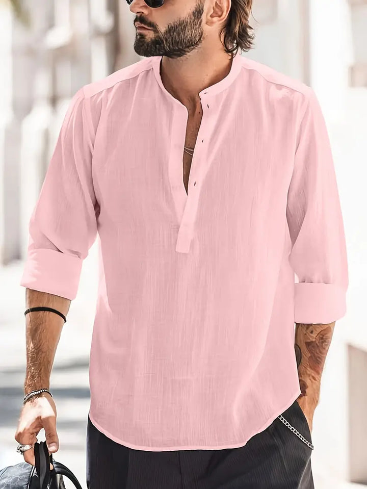Klassiek heren linnen overhemd in effen kleur, ademende stof, mouwen met vintage knopen, ideaal voor een casual look.