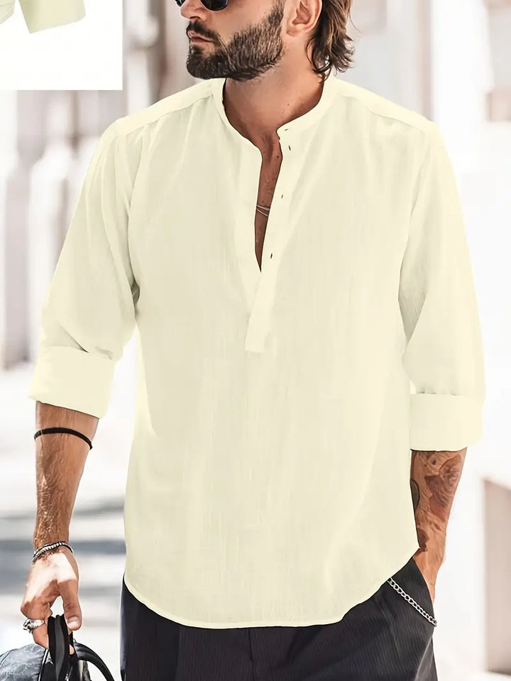 Klassiek heren linnen overhemd in effen kleur, ademende stof, mouwen met vintage knopen, ideaal voor een casual look.