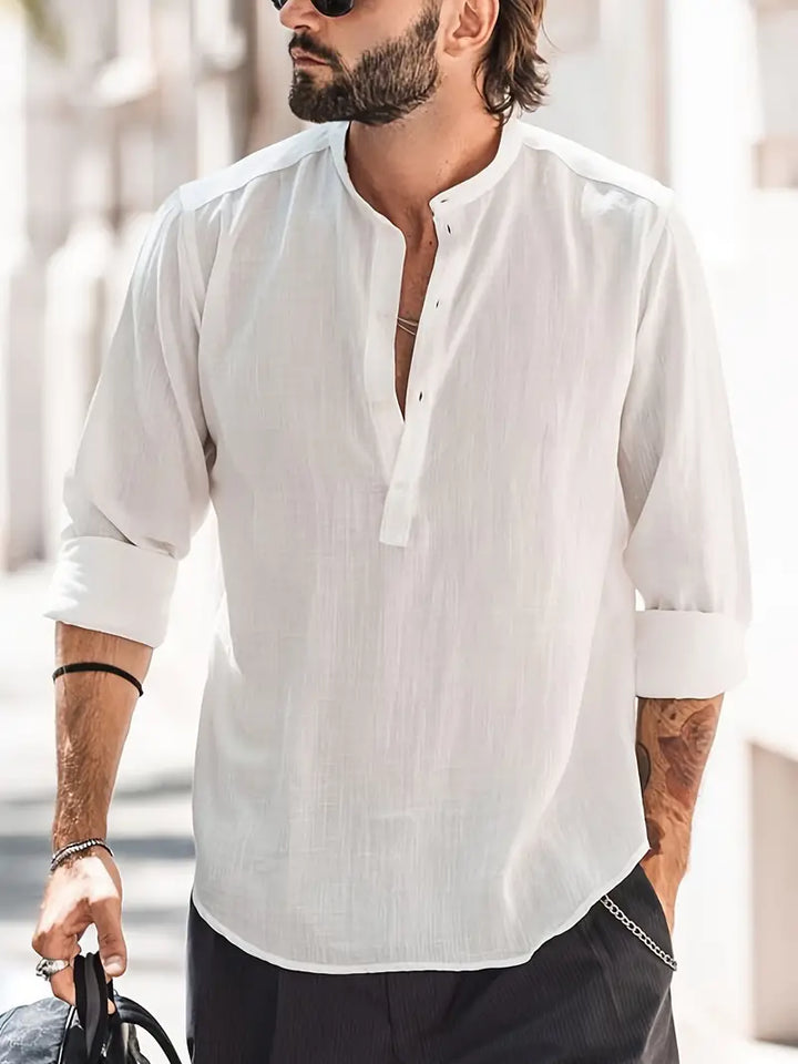 Klassiek heren linnen overhemd in effen kleur, ademende stof, mouwen met vintage knopen, ideaal voor een casual look.