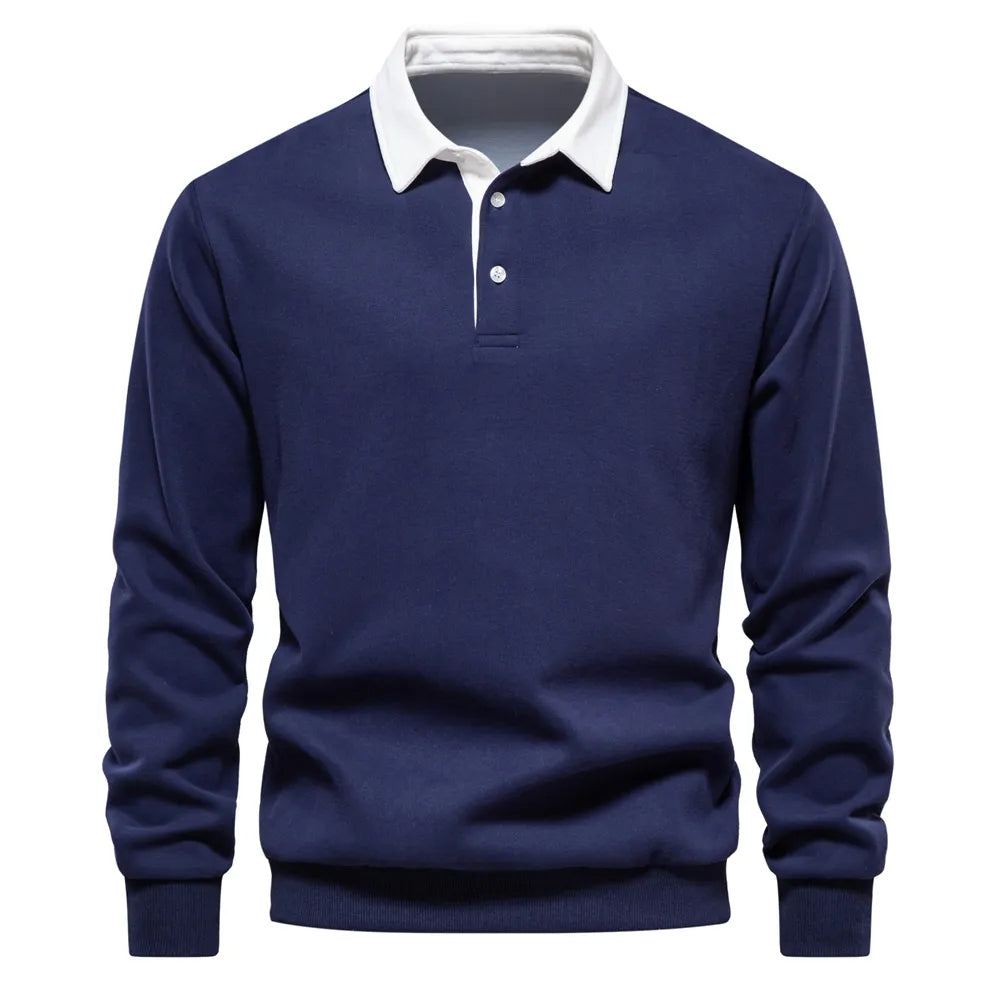 Klassiek rugby poloshirt voor heren, marineblauw met witte kraag, katoenmix, sportief-elegant.