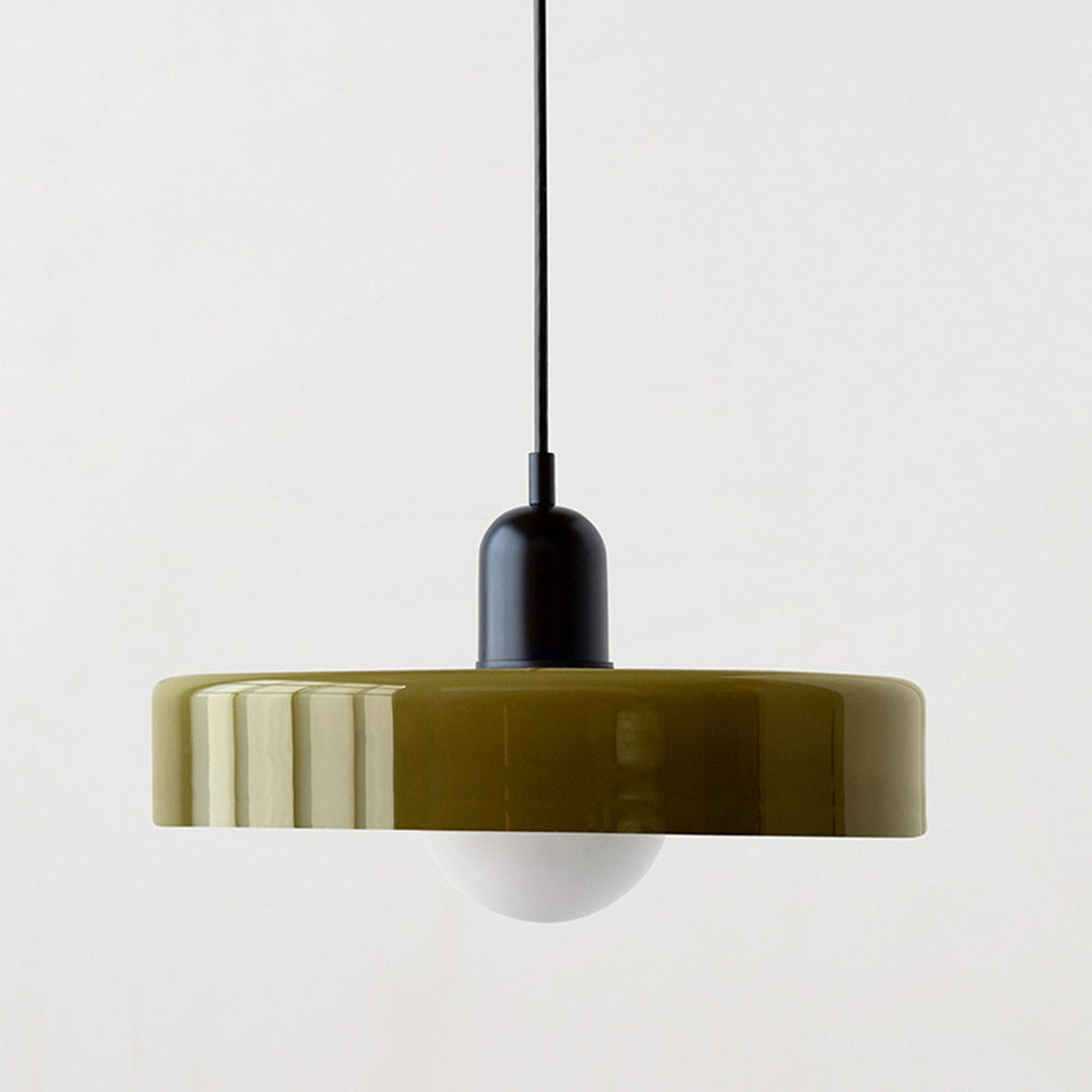 Sfeervolle hanglamp van glas, kleurrijk Bauhaus design, moderne woonkamer lamp.