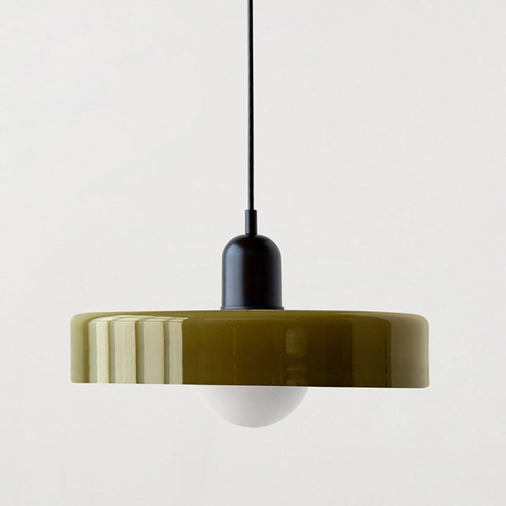 Sfeervolle hanglamp van glas, kleurrijk Bauhaus design, moderne woonkamer lamp.