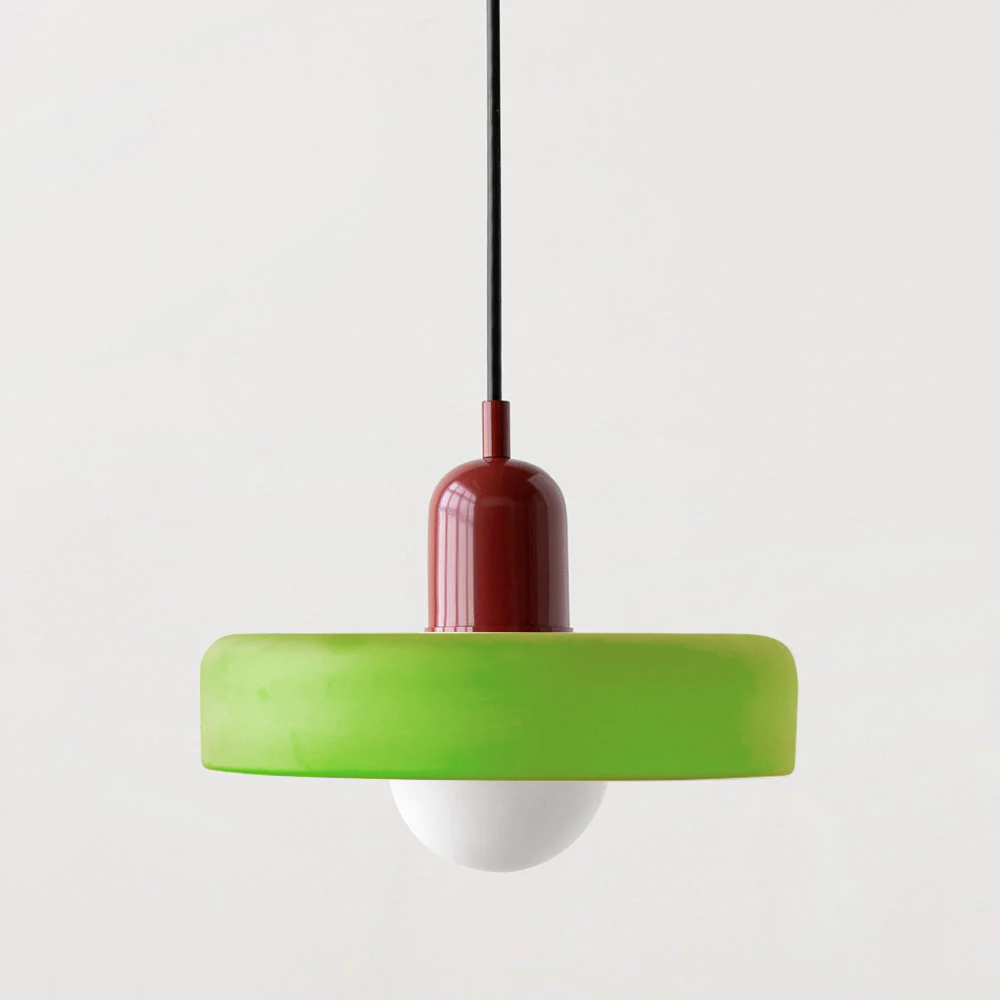 Glazen hanglamp, kleurrijk, Bauhaus stijl, modern.
