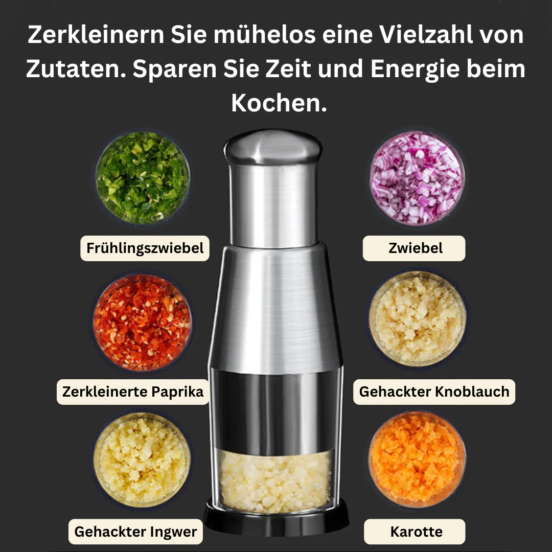 Compacte RVS knoflookpers, duurzaam en tijdbesparend voor moeiteloos knoflook persen in de keuken.