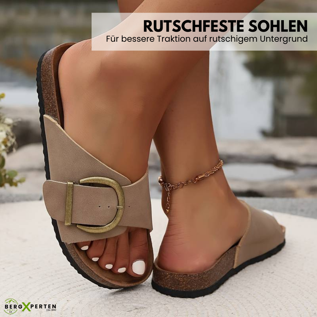 Dames comfortabele kurken sandalen tegen voetpijn, met stijlvolle gespen en antislipzool in roze.