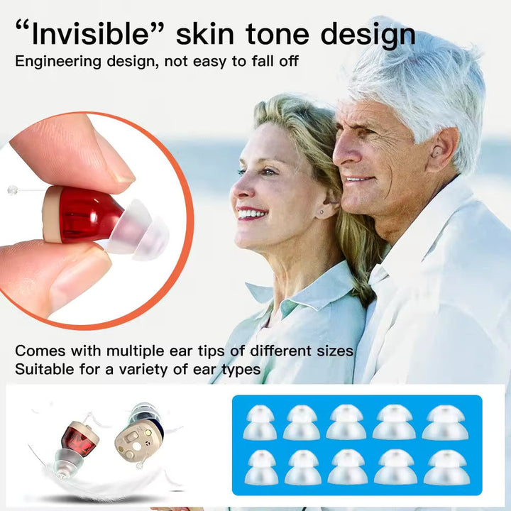 Compacte draadloze oplaadbare gehoorapparaten, elegant en discreet, voor heldere akoestiek met intelligente ruisonderdrukking.