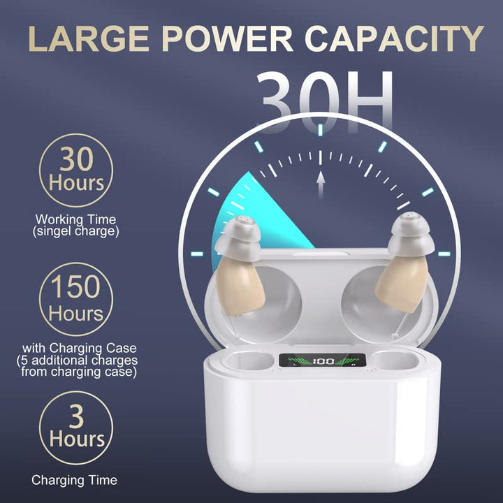 Compacte draadloze oplaadbare gehoorapparaten, elegant en discreet, voor heldere akoestiek met intelligente ruisonderdrukking.