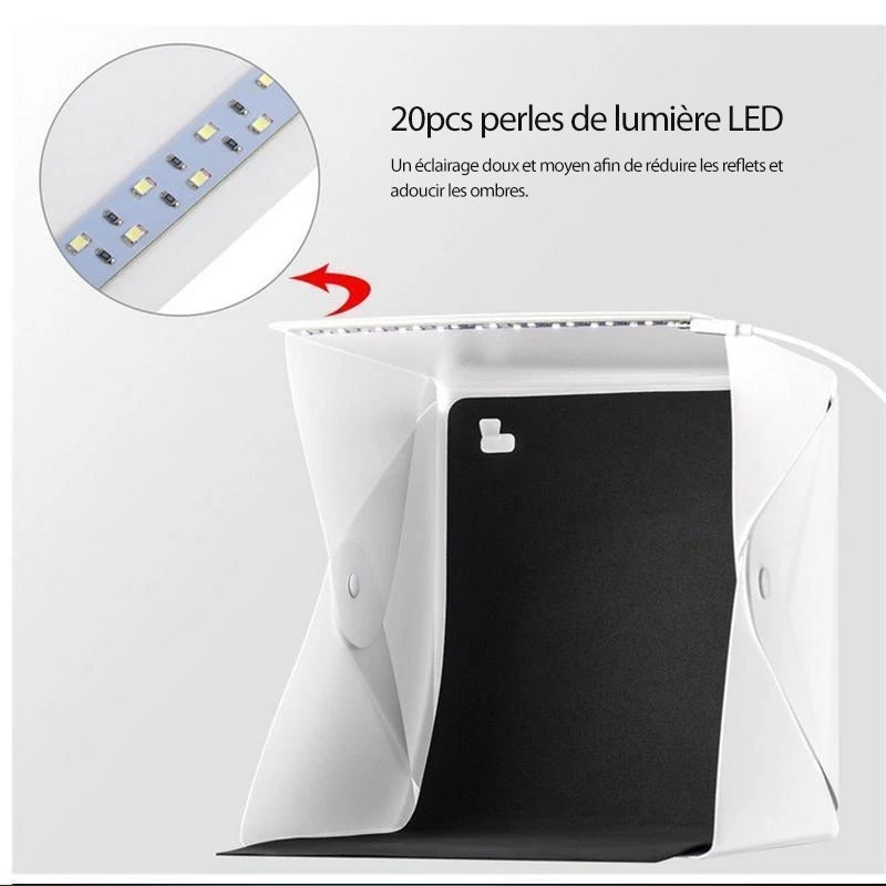 Compacte fotostudio lichtbox met LED-licht, witte achtergrond en draagtas voor hoogwaardige huisfotografie