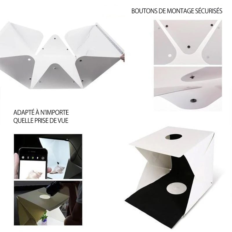 Compacte fotostudio lichtbox met LED-licht, witte achtergrond en draagtas voor hoogwaardige huisfotografie