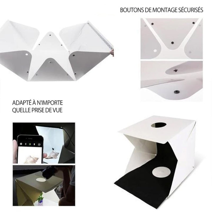 Compacte fotostudio lichtbox met LED-licht, witte achtergrond en draagtas voor hoogwaardige huisfotografie