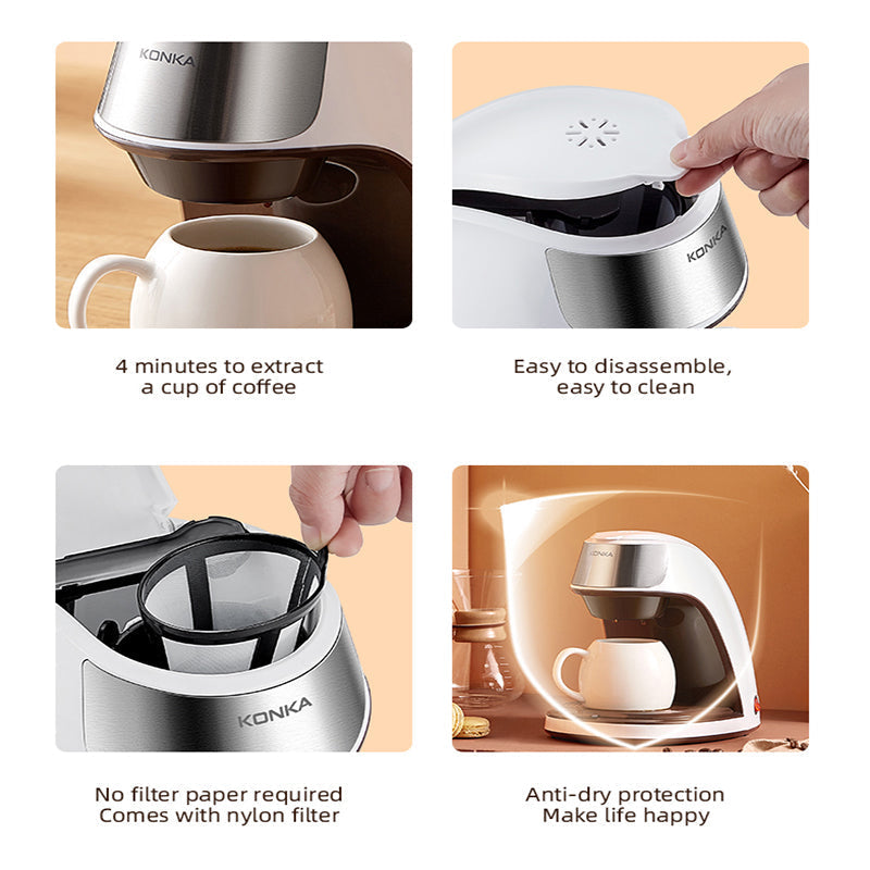 Compact wit mini koffiezetapparaat met bijpassende keramische mok voor stijlvol koffiegenot, ideaal voor kleine ruimtes.