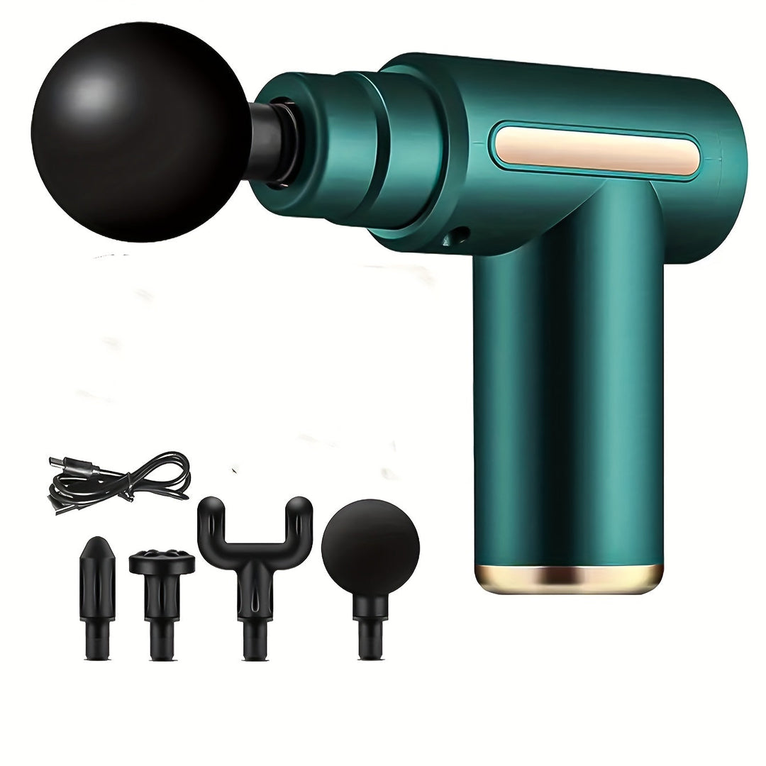 Compact, zwart massagepistool voor diepe spierontspanning, ideaal voor nek, rug en onderweg.