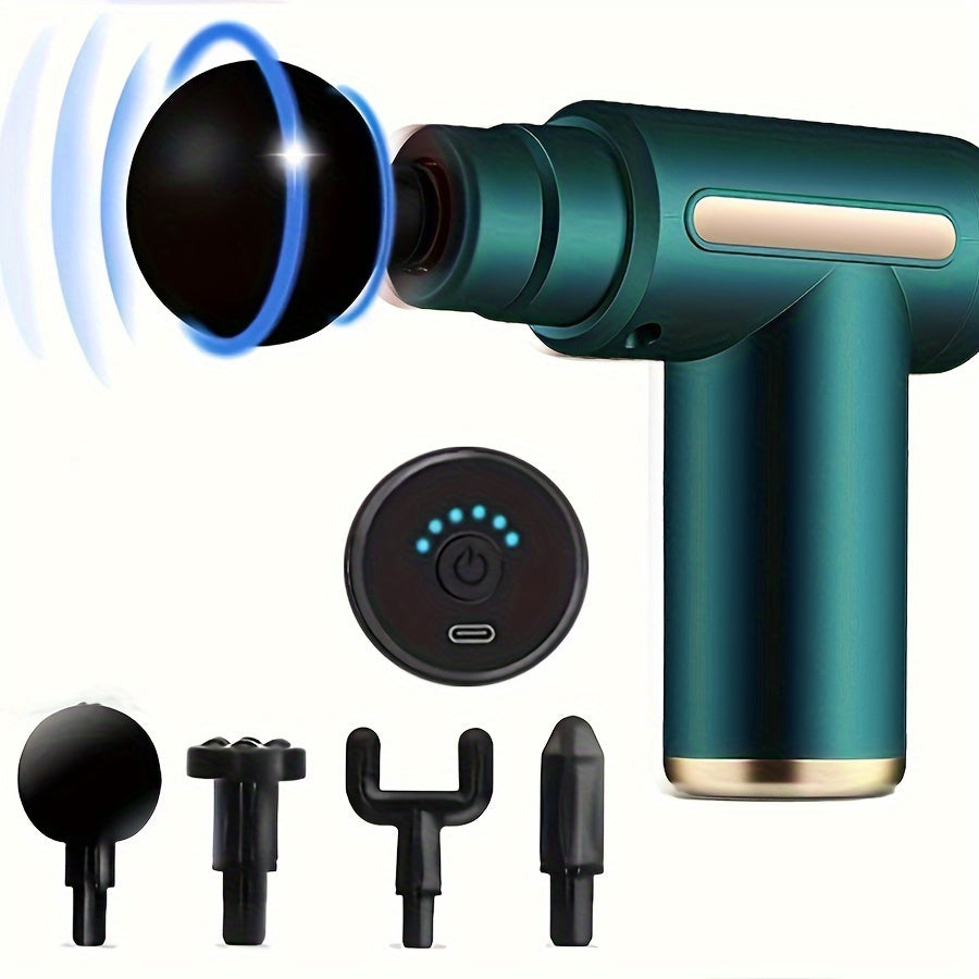 Compact, zwart massagepistool voor diepe spierontspanning, ideaal voor nek, rug en onderweg.