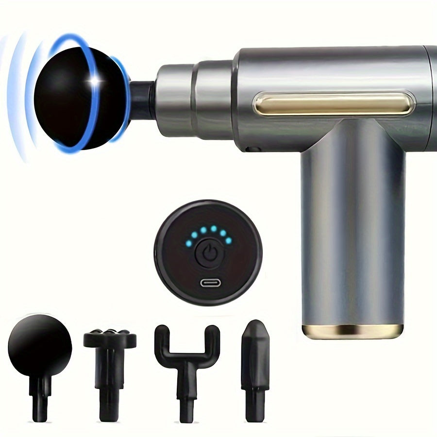 Compact, zwart massagepistool voor diepe spierontspanning, ideaal voor nek, rug en onderweg.