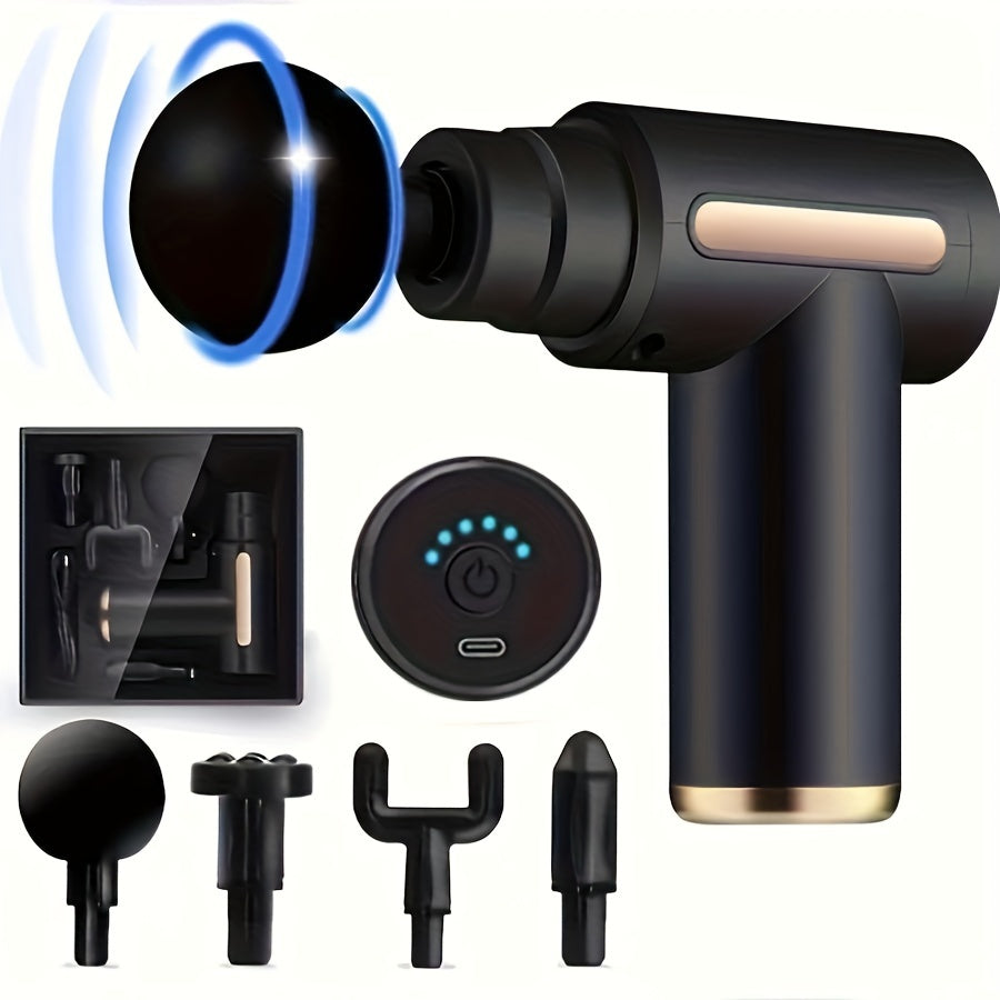 Compact, zwart massagepistool voor diepe spierontspanning, ideaal voor nek, rug en onderweg.