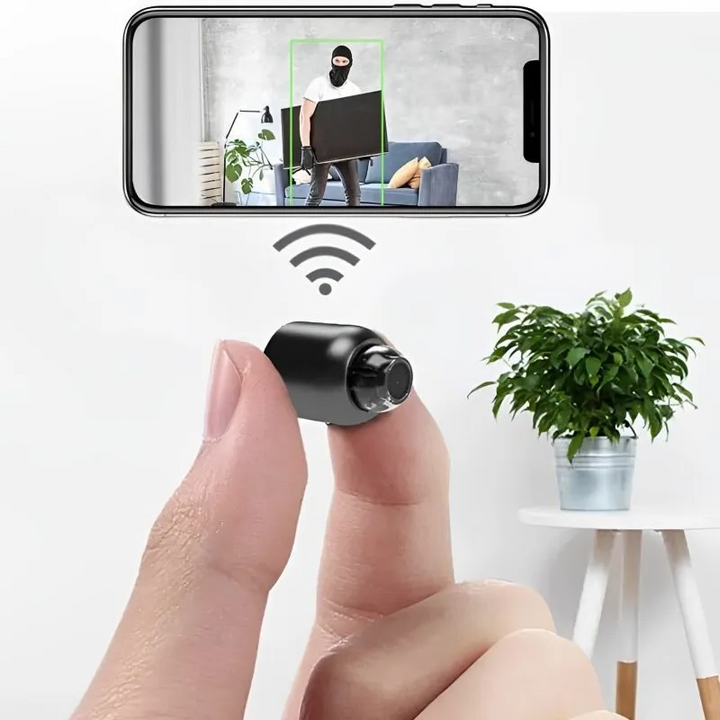 Compacte zwarte Mini 5G Draadloze Wifi Camera met HD 1080p, biedt een breed 140° gezichtsveld en nachtzicht.