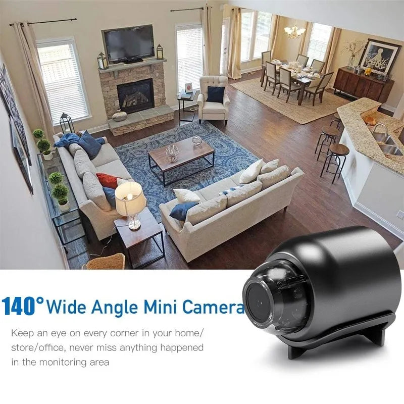 Compacte zwarte Mini 5G Draadloze Wifi Camera met HD 1080p, biedt een breed 140° gezichtsveld en nachtzicht.