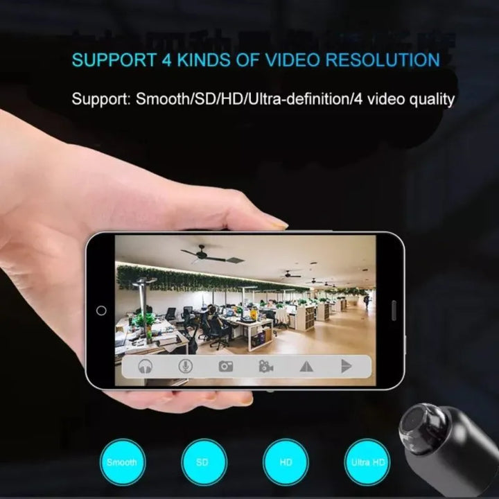 Compacte zwarte Mini 5G Draadloze Wifi Camera met HD 1080p, biedt een breed 140° gezichtsveld en nachtzicht.