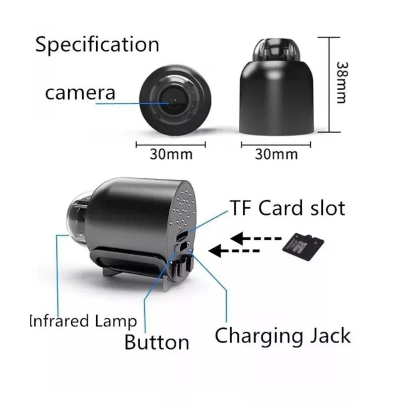 Compacte zwarte Mini 5G Draadloze Wifi Camera met HD 1080p, biedt een breed 140° gezichtsveld en nachtzicht.
