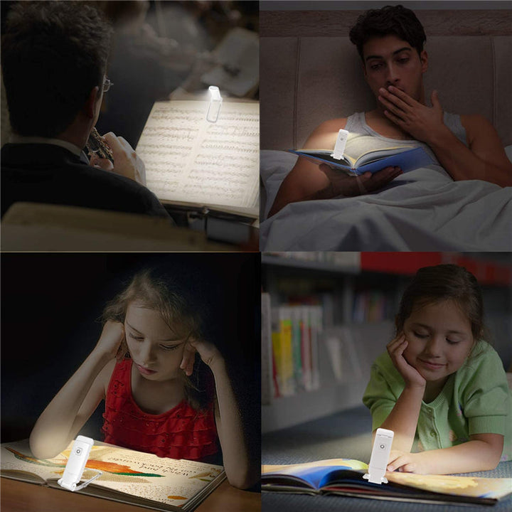 Draagbare leeslamp met blauwlichtfilter, USB-oplaadbaar, ideaal voor comfortabel lezen onderweg.
