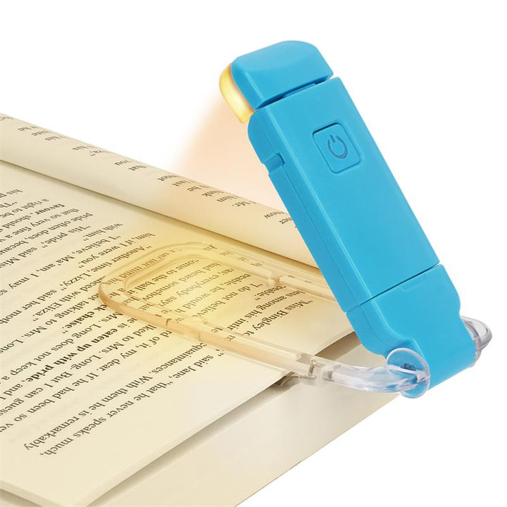 Draagbare leeslamp met blauwlichtfilter, USB-oplaadbaar, ideaal voor comfortabel lezen onderweg.