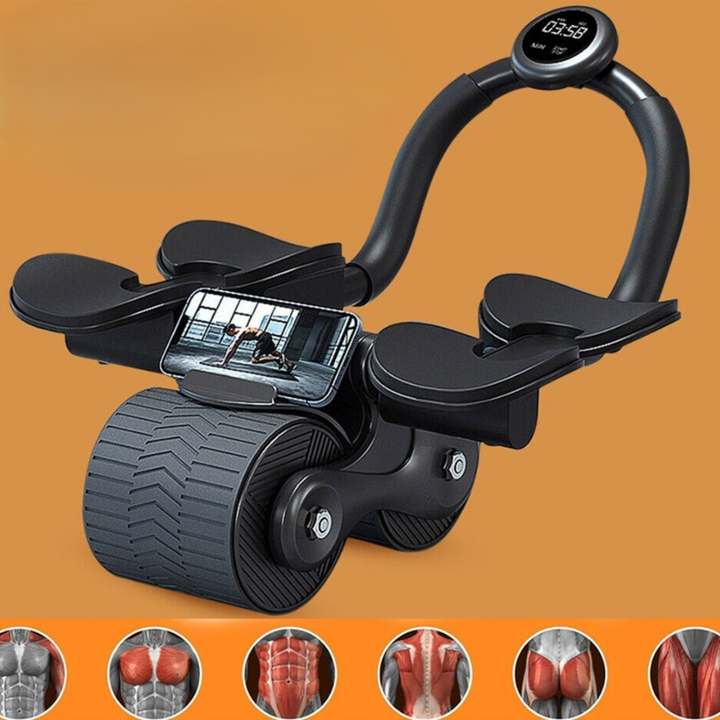 Compacte buiktrainer voor thuistraining, zwarte rol met schuimhandvatten voor efficiënte core-workout.