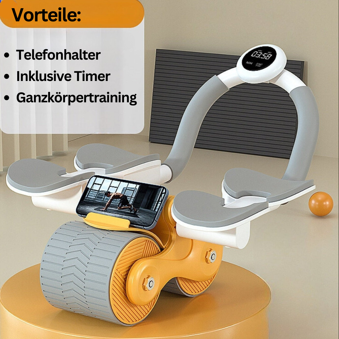 Compacte buiktrainer voor thuistraining, zwarte rol met schuimhandvatten voor efficiënte core-workout.