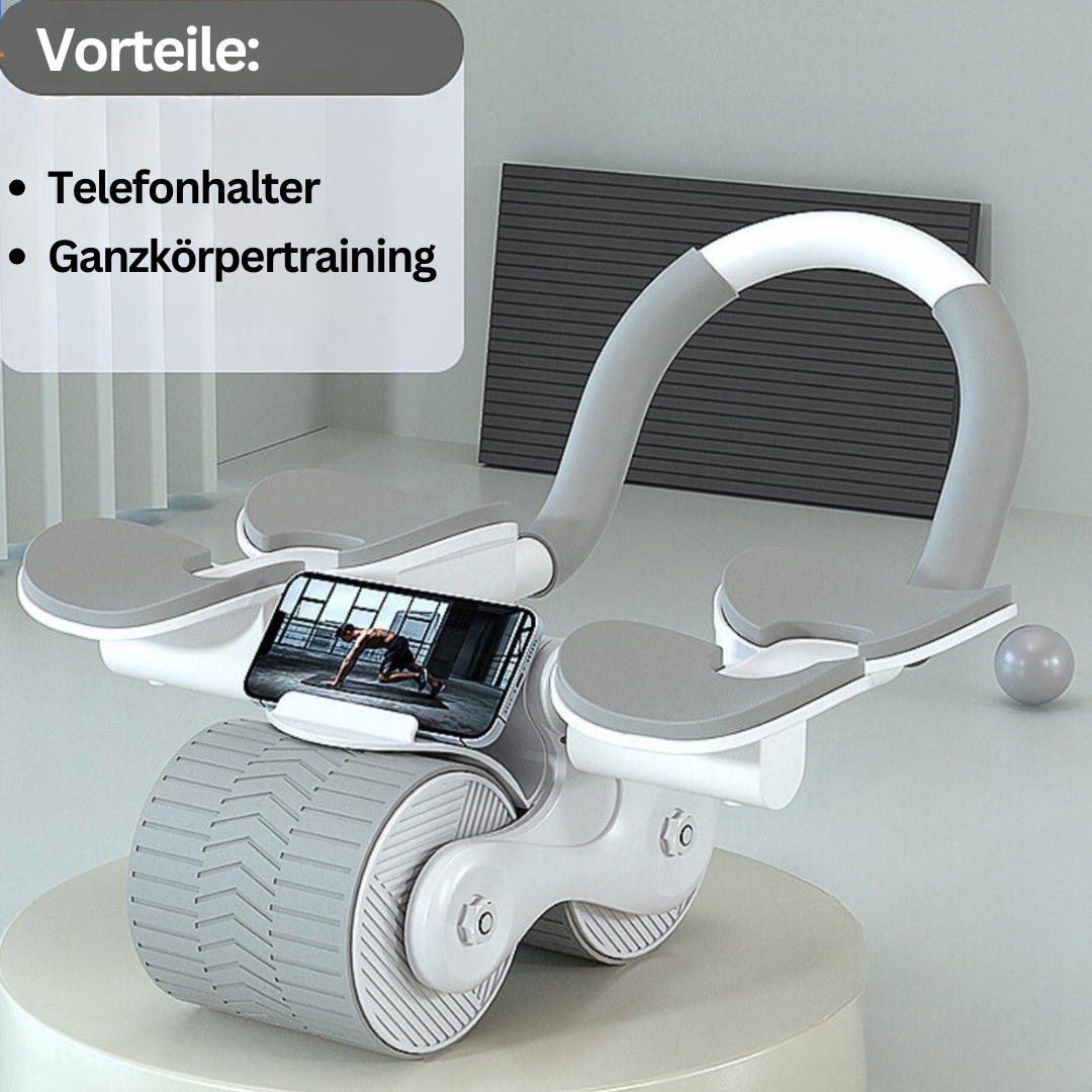 Compacte buiktrainer voor thuistraining, zwarte rol met schuimhandvatten voor efficiënte core-workout.