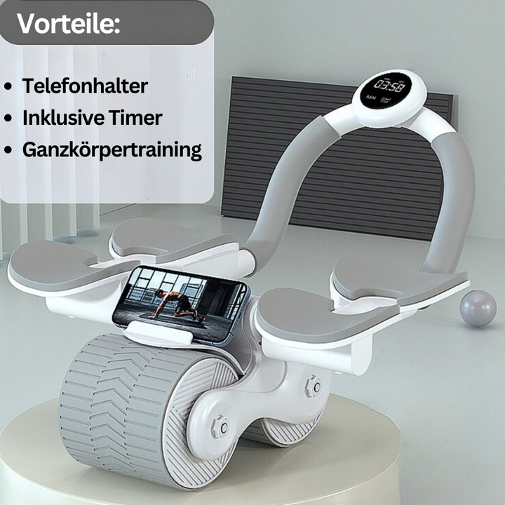 Compacte buiktrainer voor thuistraining, zwarte rol met schuimhandvatten voor efficiënte core-workout.