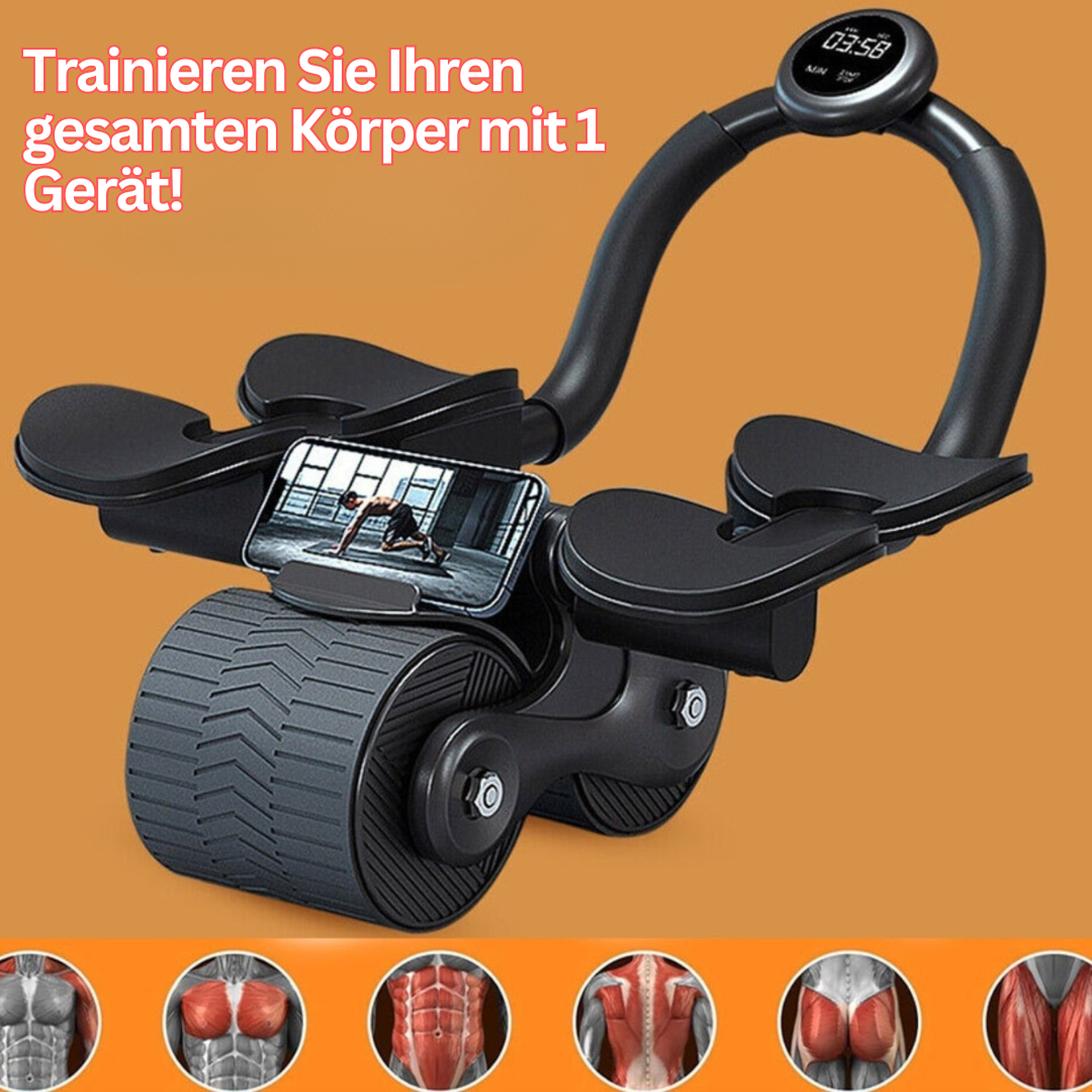 Compacte buiktrainer voor thuistraining, zwarte rol met schuimhandvatten voor efficiënte core-workout.