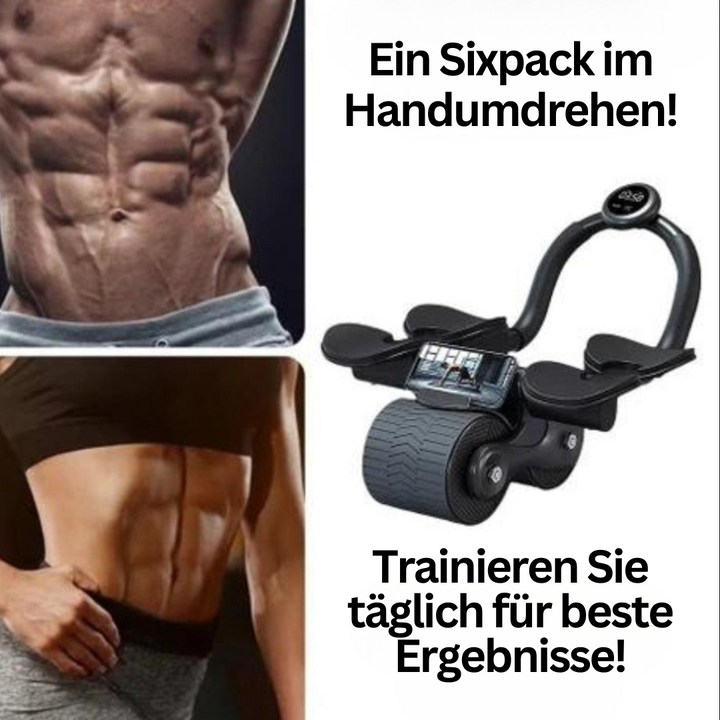 Compacte buiktrainer voor thuistraining, zwarte rol met schuimhandvatten voor efficiënte core-workout.