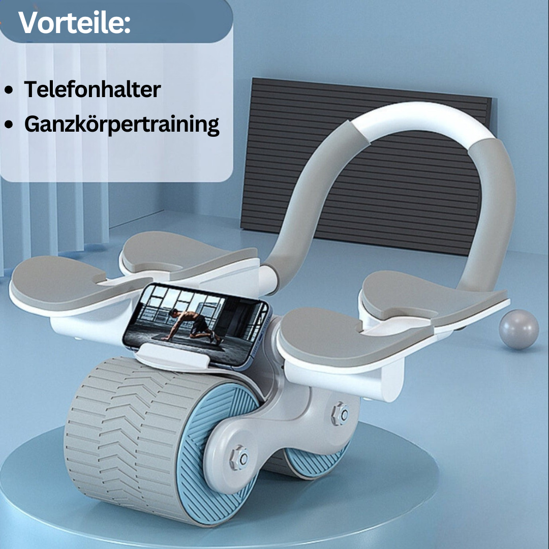 Compacte buiktrainer voor thuistraining, zwarte rol met schuimhandvatten voor efficiënte core-workout.