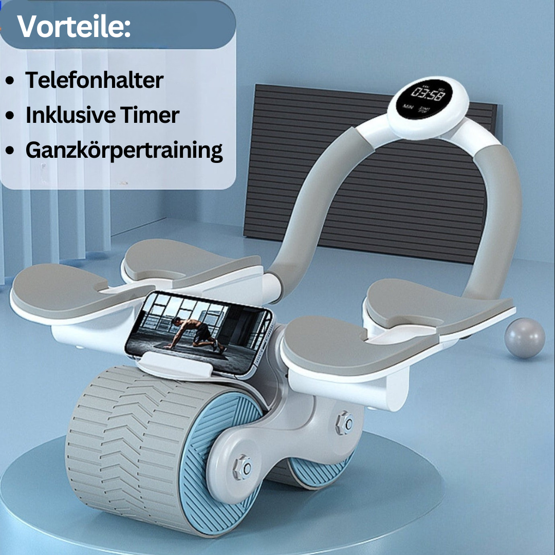 Compacte buiktrainer voor thuistraining, zwarte rol met schuimhandvatten voor efficiënte core-workout.