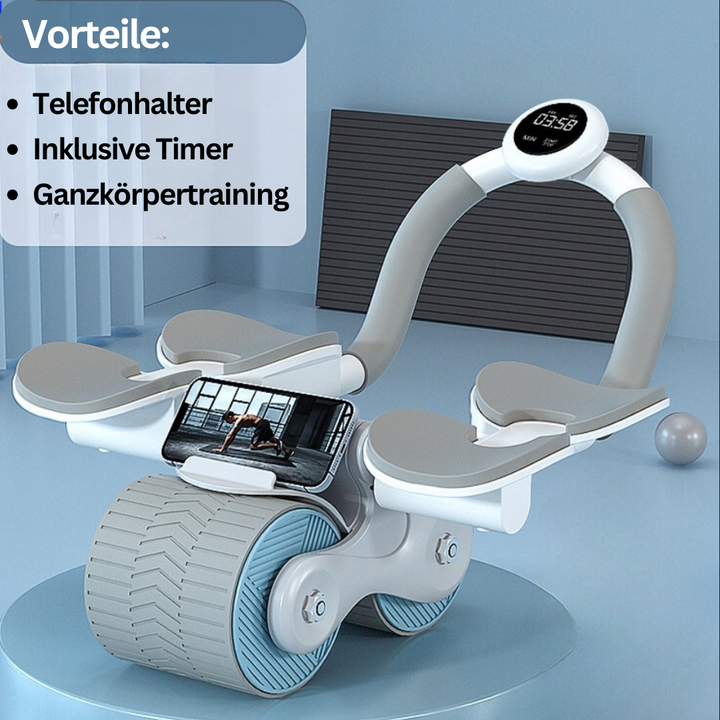 Compacte buiktrainer voor thuistraining, zwarte rol met schuimhandvatten voor efficiënte core-workout.