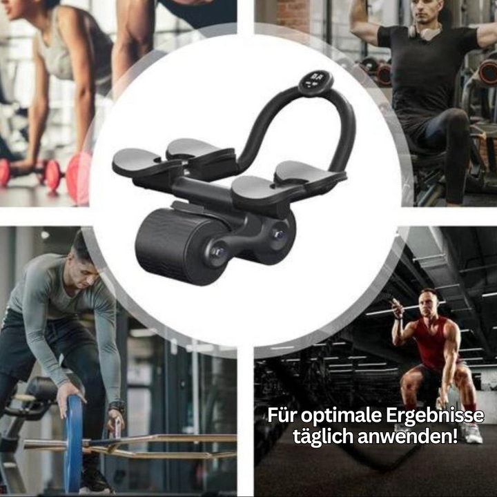 Compacte buiktrainer voor thuistraining, zwarte rol met schuimhandvatten voor efficiënte core-workout.
