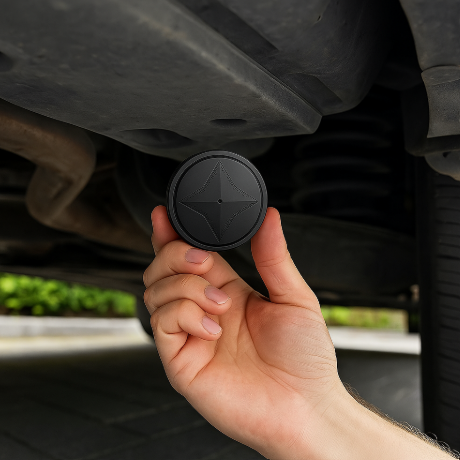 Zijaanzicht van de compacte magnetische GPS-tracker, zwart, met USB-poort.