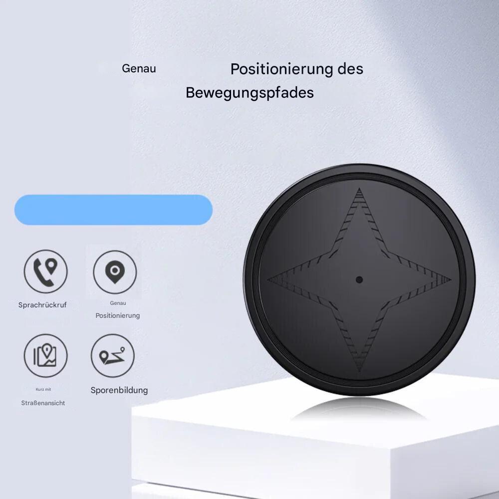 Kompakter, magnetischer GPS-Tracker, schwarz, Ø 4 cm, für Echtzeit-Ortung von Fahrzeugen und Wertsachen.